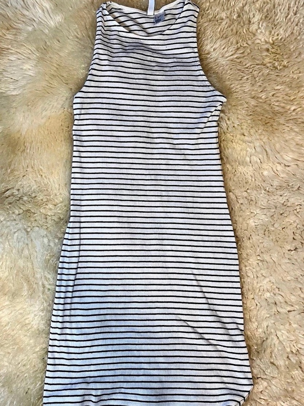 Women's S Black White Striped Cotton Knit High Neck Strappy Stretch Mini Dress